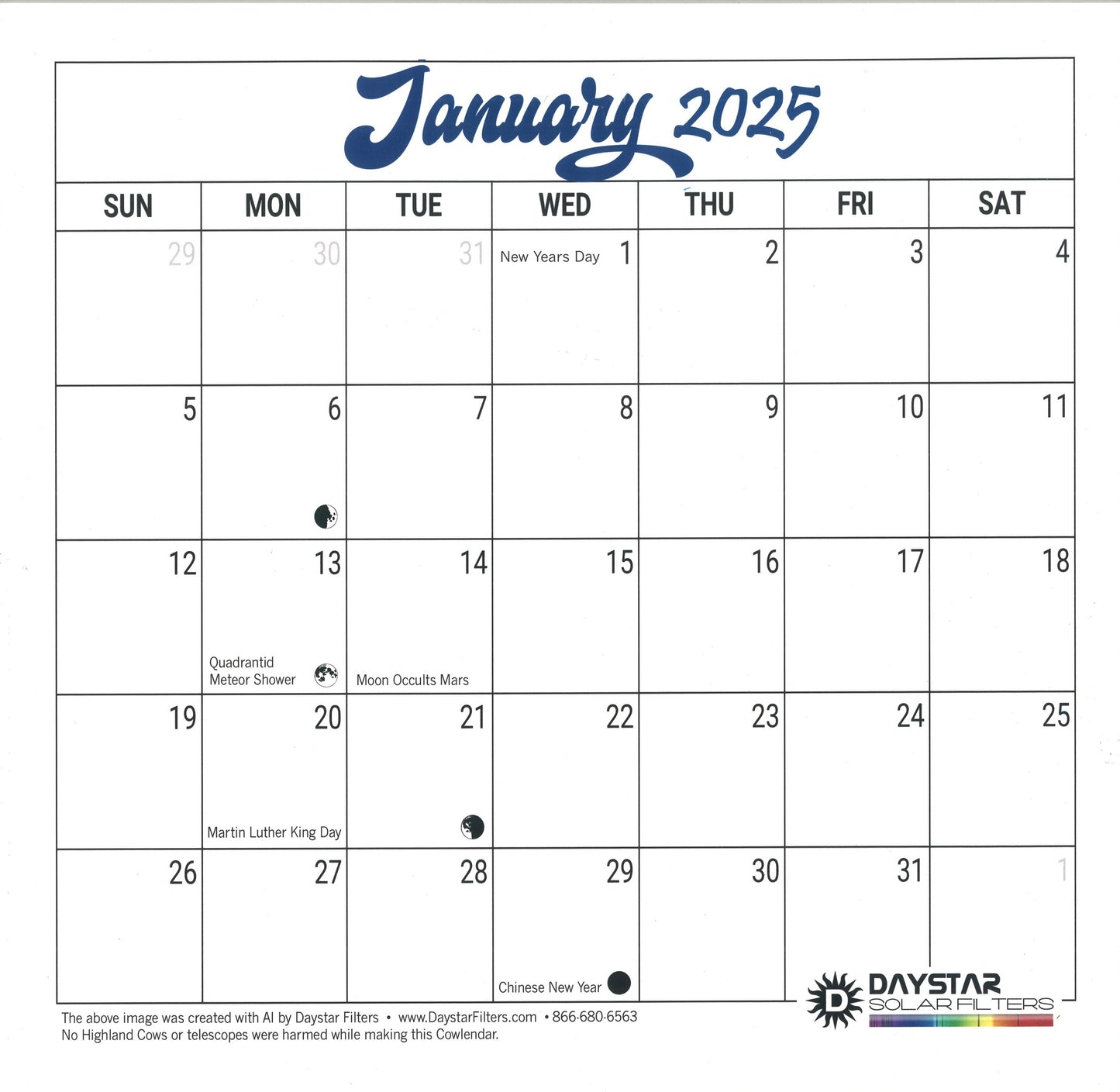 Daystar Filters 2025 Astro-Highland Spiral-Bound Monthly Wall Cowlendar